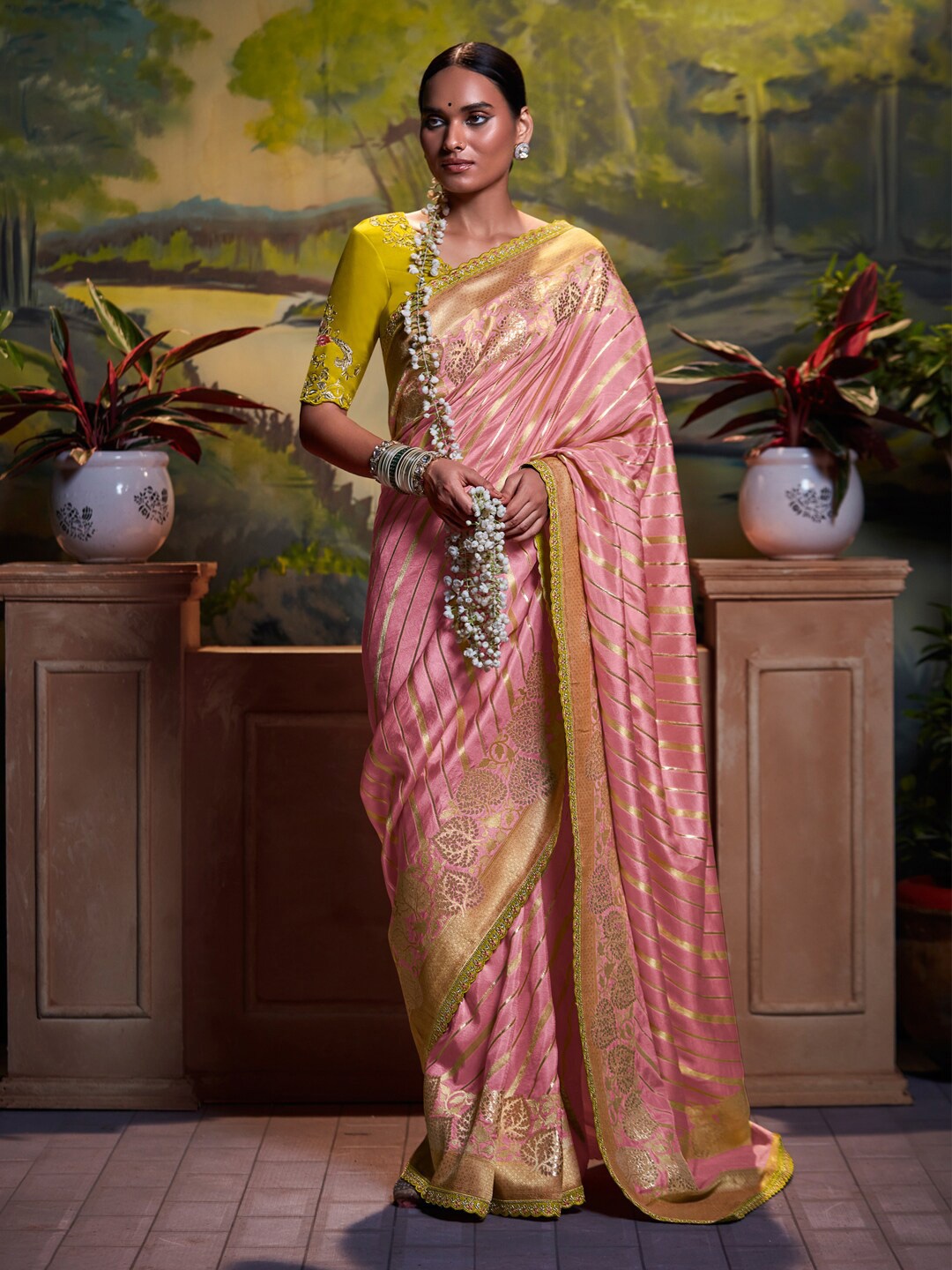 

Mitera Woven Design Zari Silk Blend Banarasi Saree, Pink