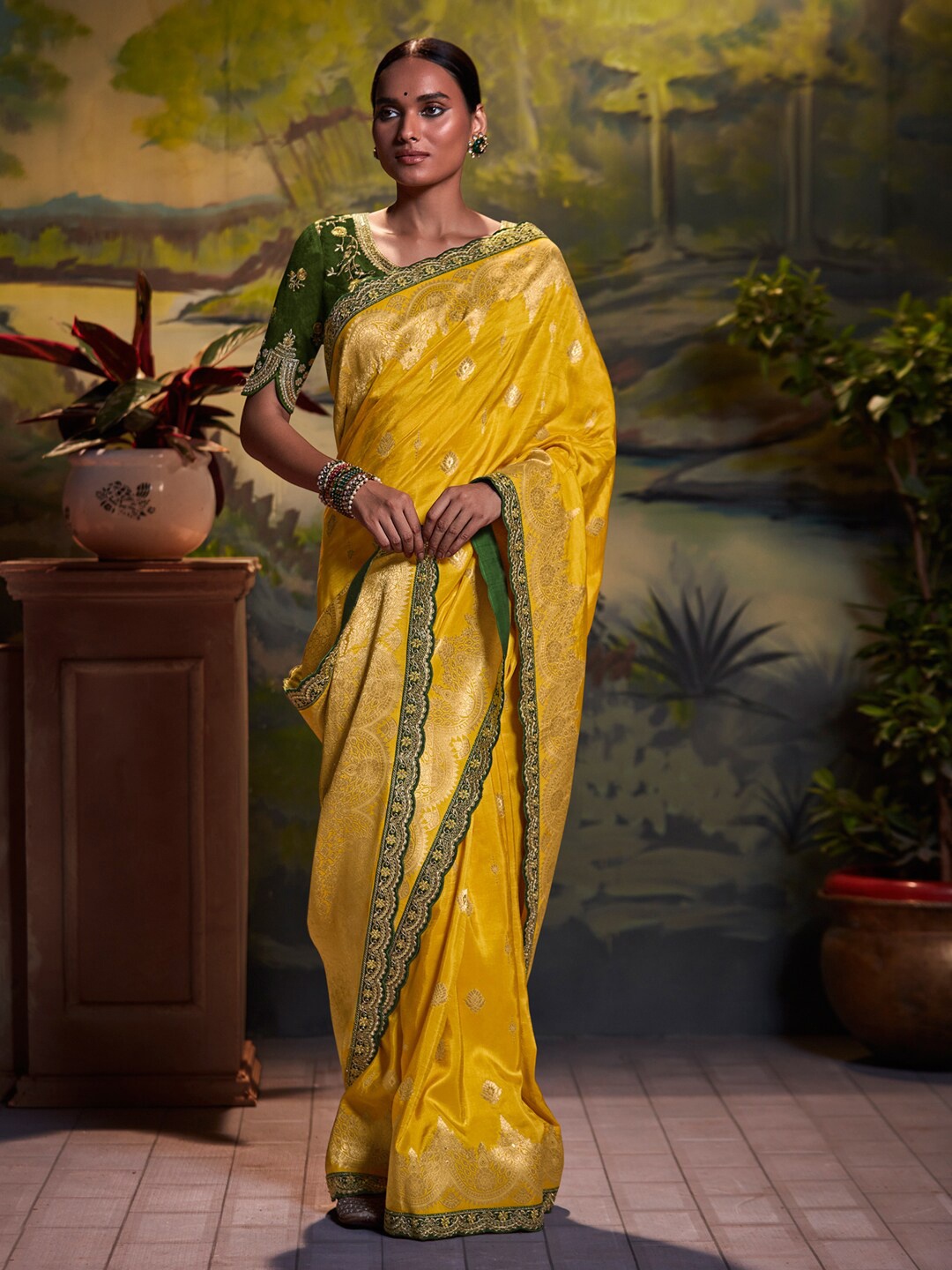 

Mitera Woven Design Zari Silk Blend Banarasi Saree, Yellow