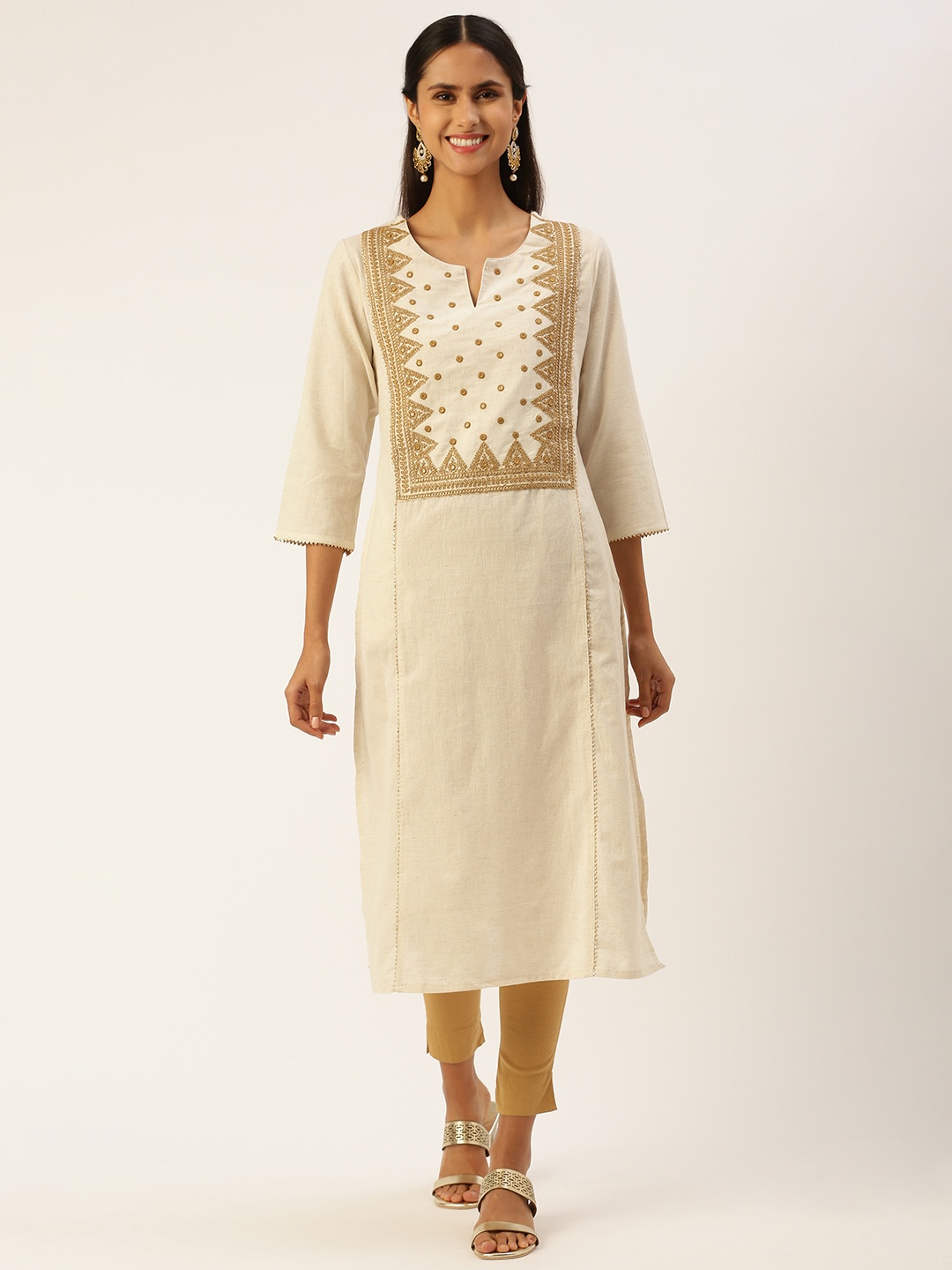 

AMUKTI Women Geometric Embroidered Thread Work Kurta, Beige