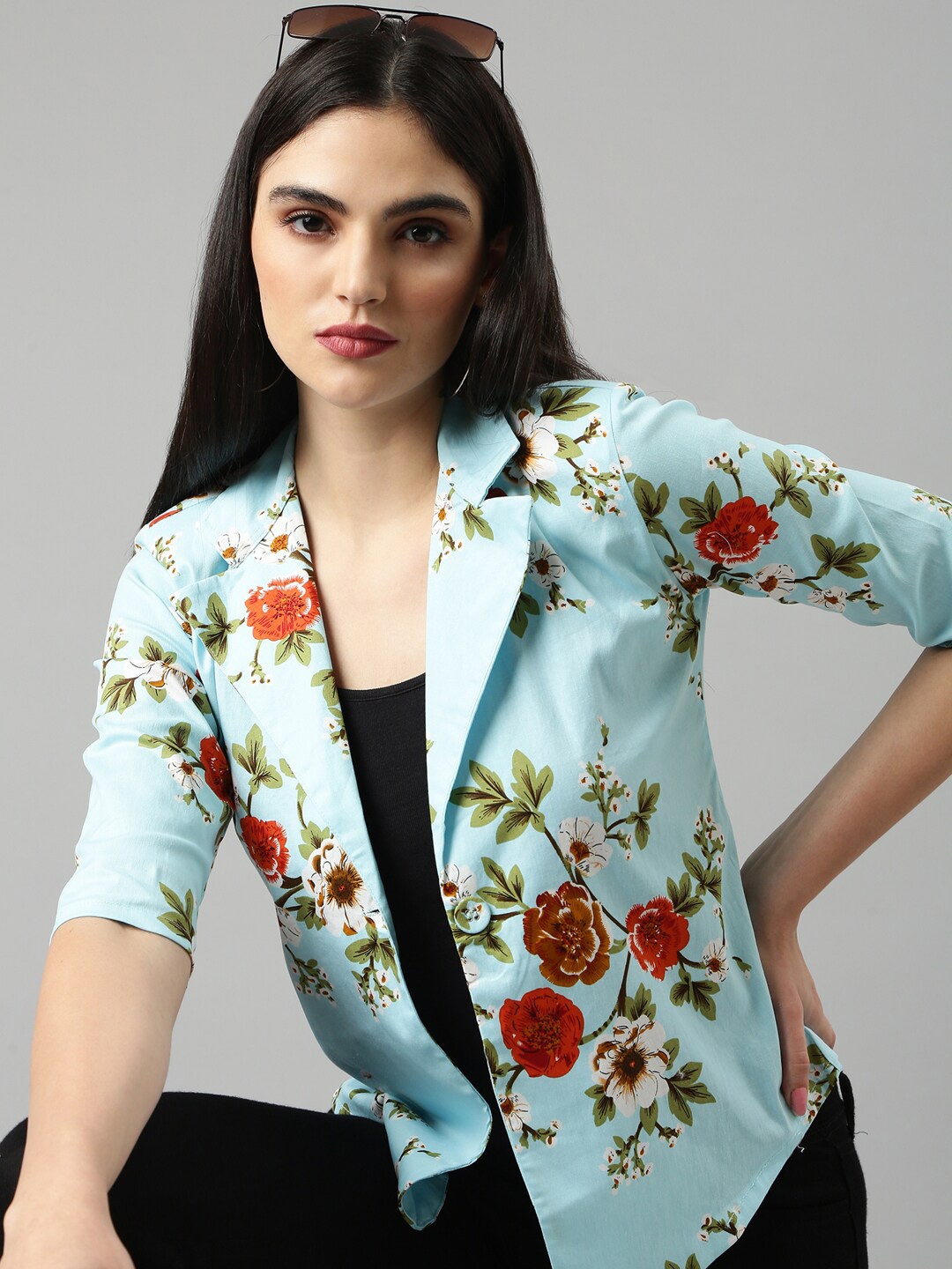 

SHOWOFF Floral Printed Cotton Slim Fit Single-Breasted Casual Blazer, Blue