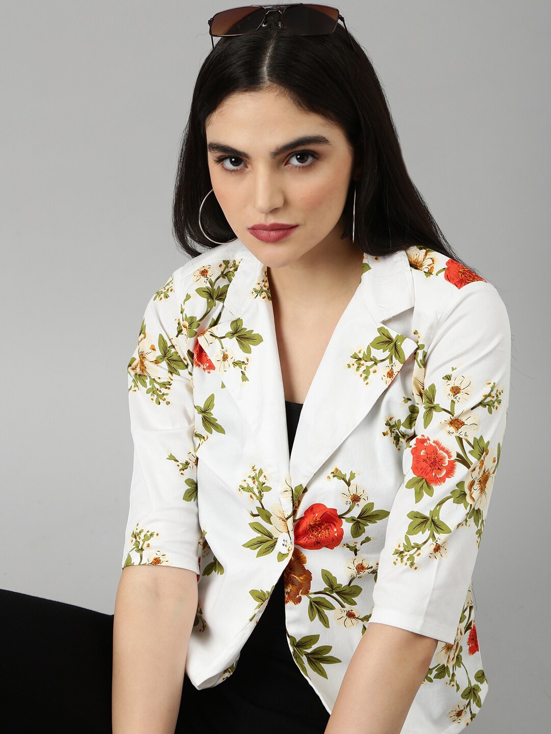 

SHOWOFF Floral Printed Cotton Slim Fit Single-Breasted Casual Blazer, Off white