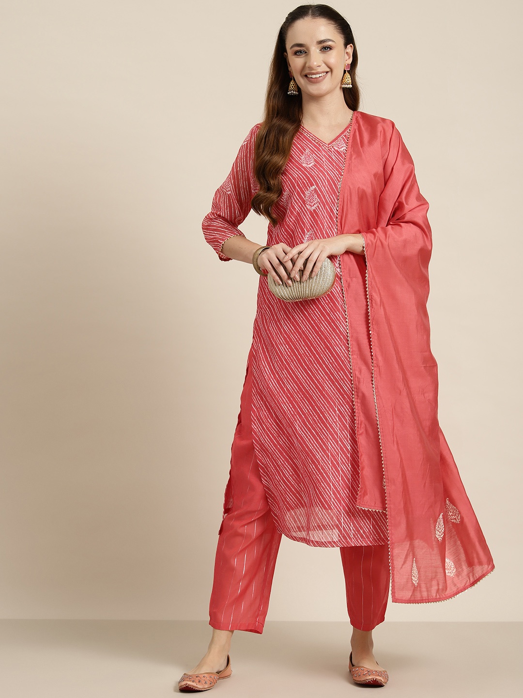 

HERE&NOW Ethnic Motifs Embroidered Kurta with Palazzos & Dupatta, Coral