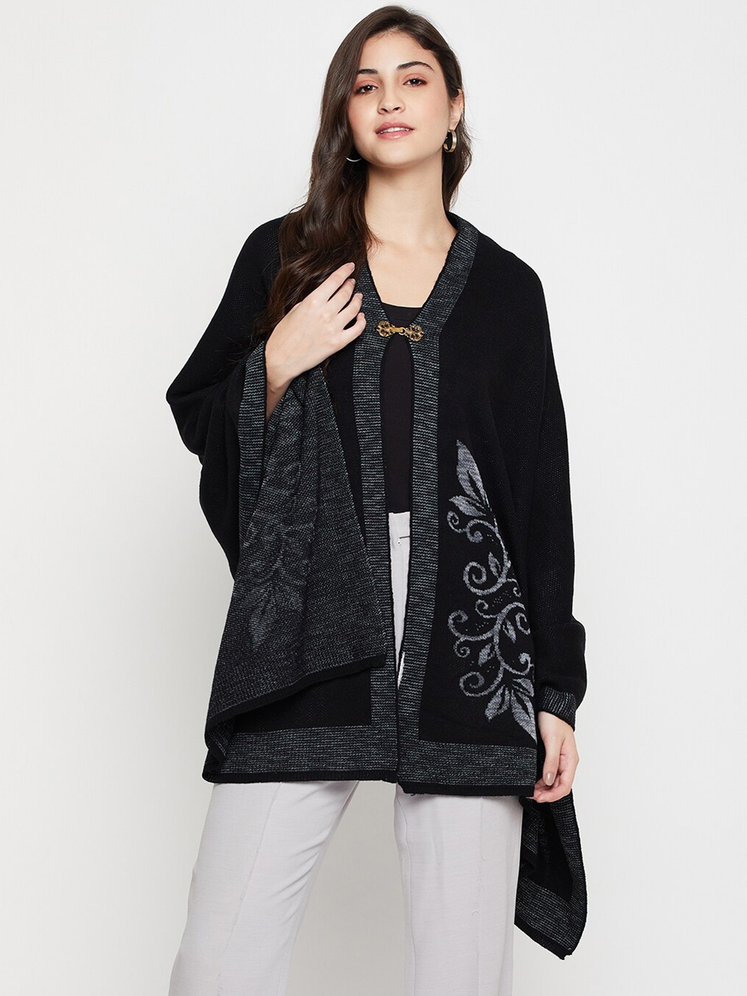 

Cantabil Floral Printed Acrylic Longline Shrug, Black