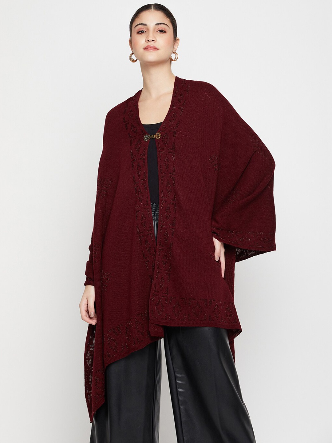 

Cantabil Self Design Longline Cape Jacket, Maroon