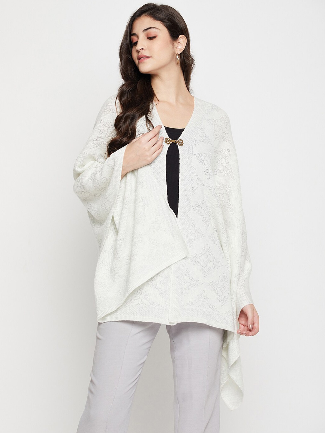 

Cantabil Women Self Design Open Front Shrug, Off white