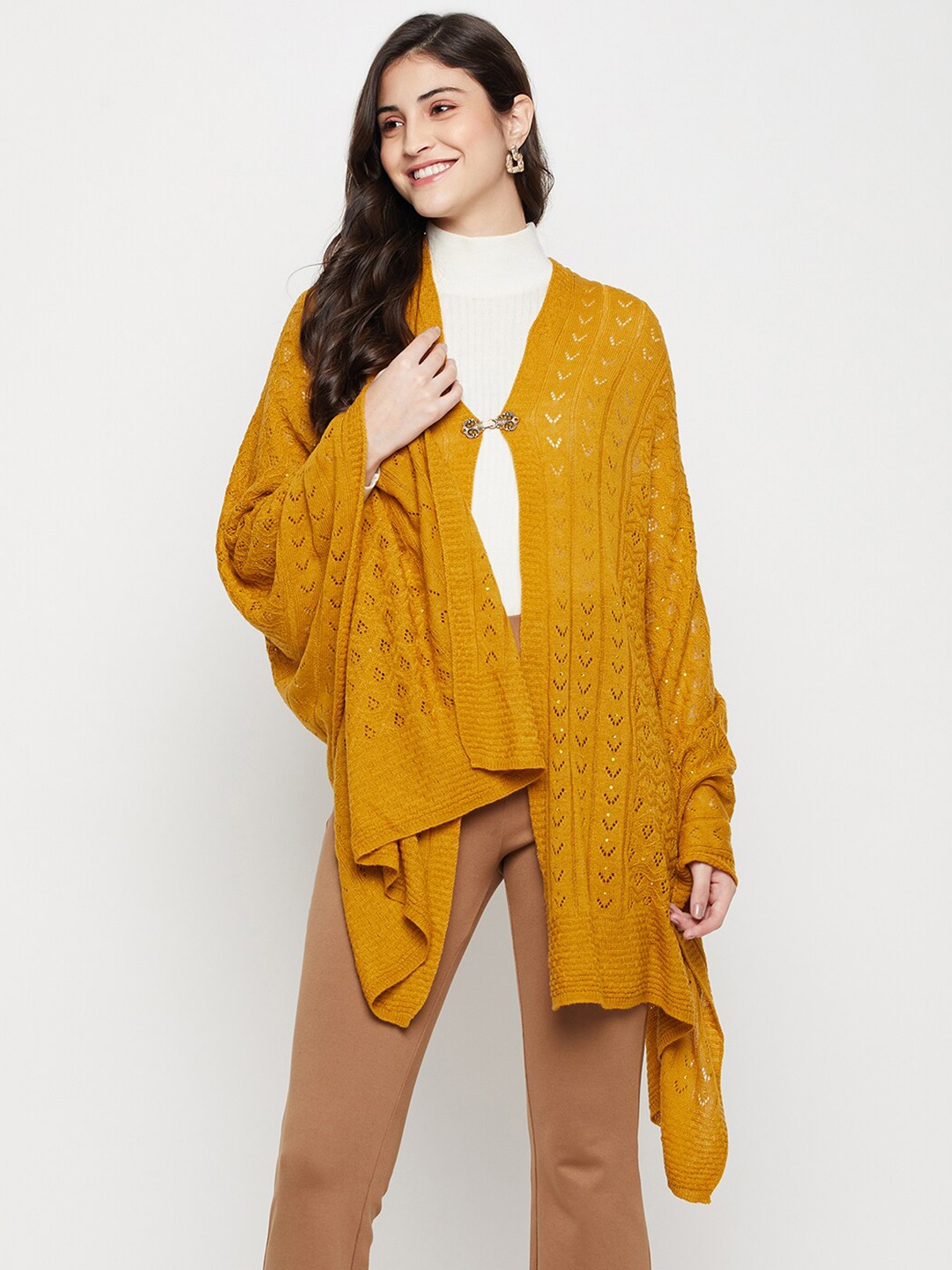 

Cantabil Self Design Acrylic Knitted Longline Shrug, Mustard