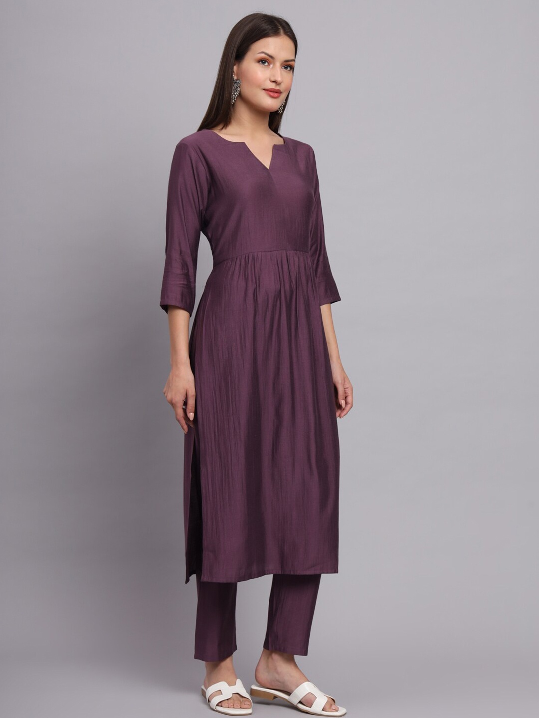 

FABDYOR Square Neck Pure Silk Pleated A-Line Kurta With Trouser, Purple