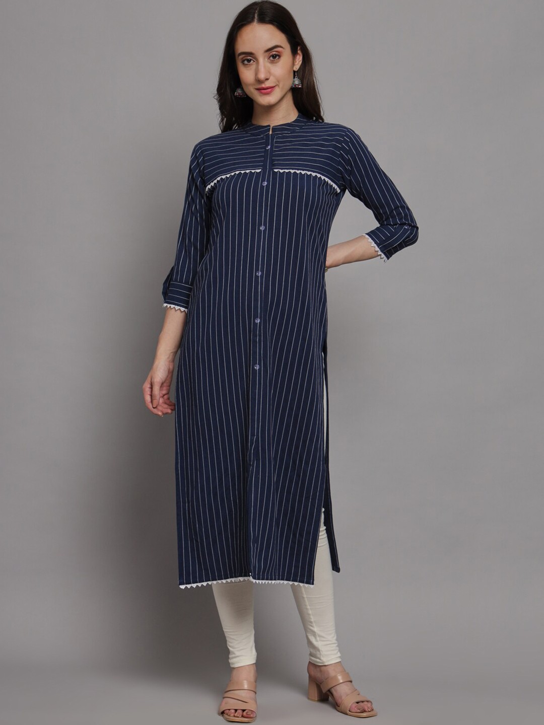

FABDYOR Striped Mandarin Collar Kurta, Navy blue