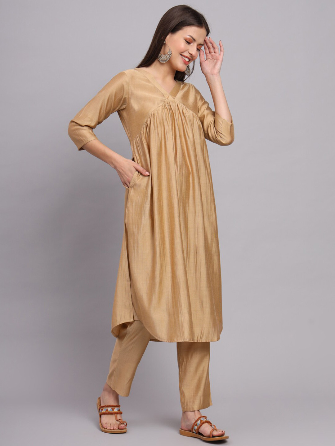

FABDYOR V-Neck A-Line Cotton Kurta With Trousers, Gold