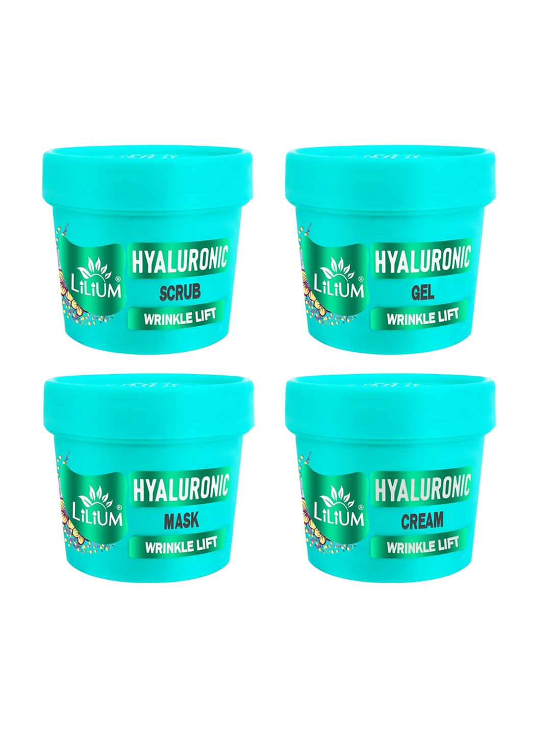 

Lilium Hyaluronic Facial Scrub Gel Mask Cream Set for Wrinkle Lift - 100g Each, Turquoise blue