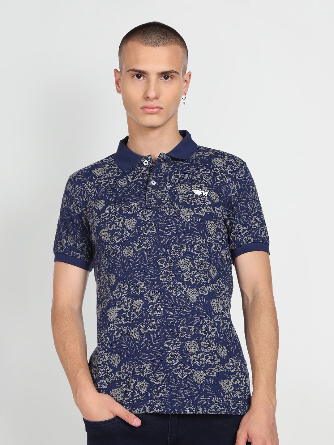 

Flying Machine Floral Printed Polo Collar Cotton T-shirt, Blue