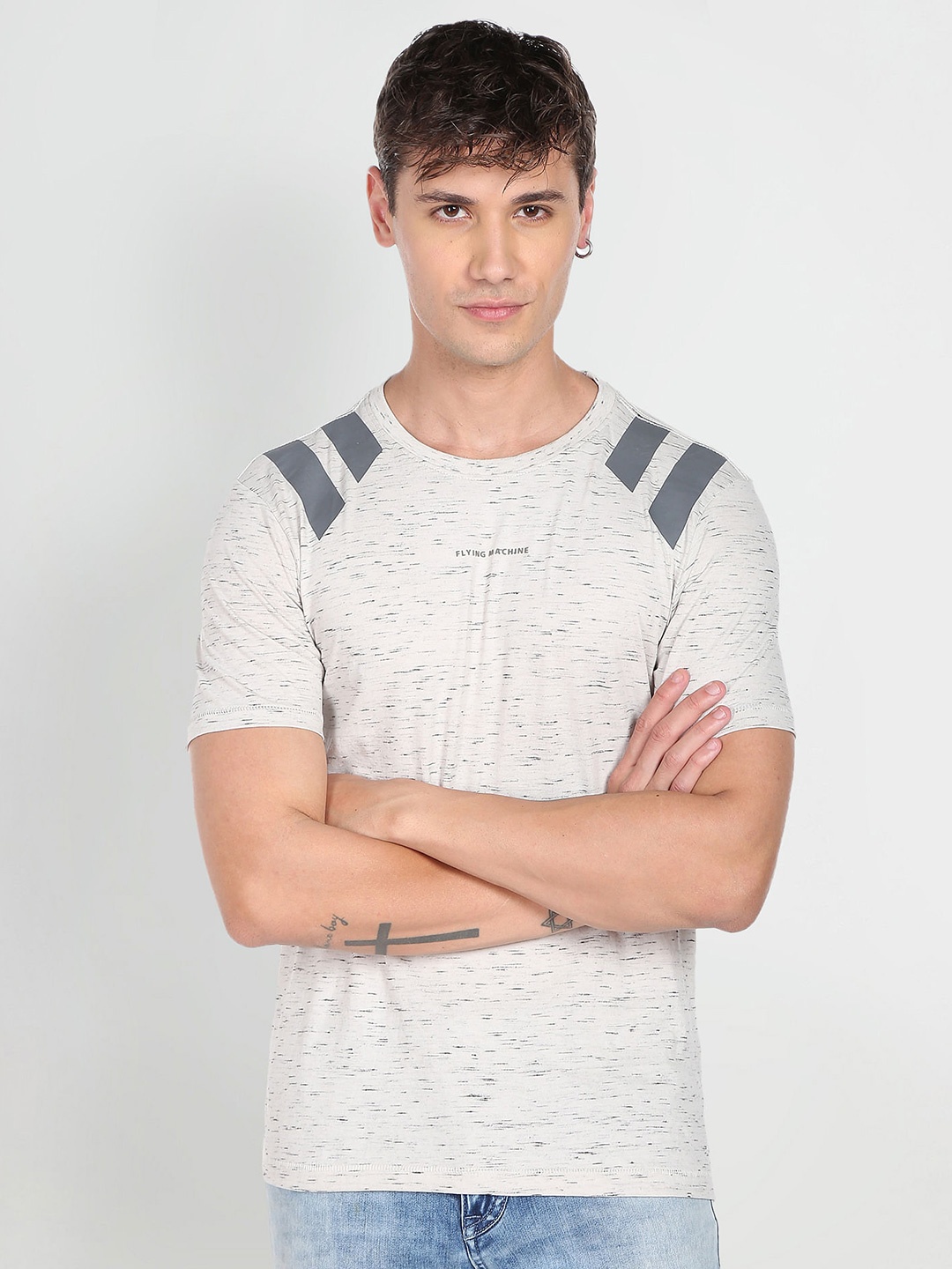 

Flying Machine Round Neck T-shirt, Grey melange