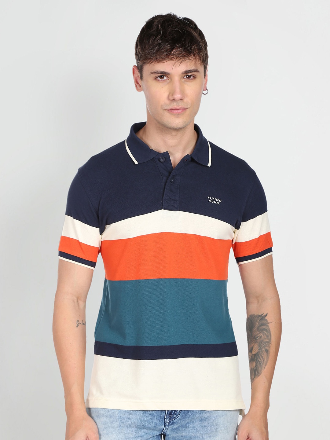 

Flying Machine Colourblocked Polo Collar Cotton T-shirt, Navy blue
