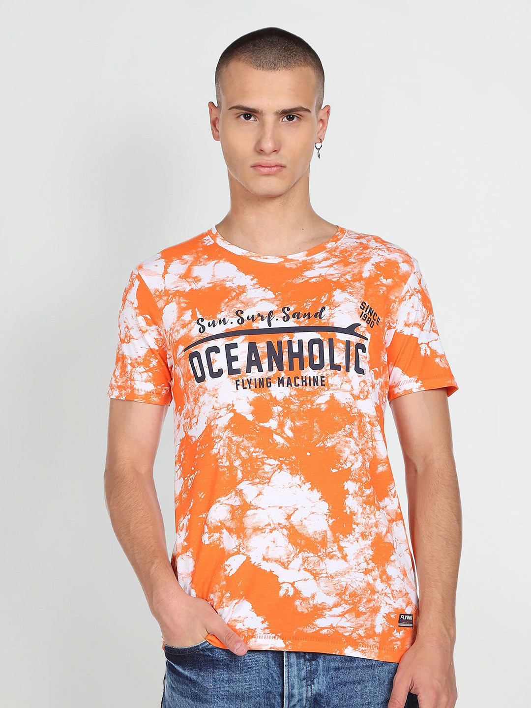 

Flying Machine Typography Printed Round Neck Short Sleeves Pure Cotton T-shirt, Orange