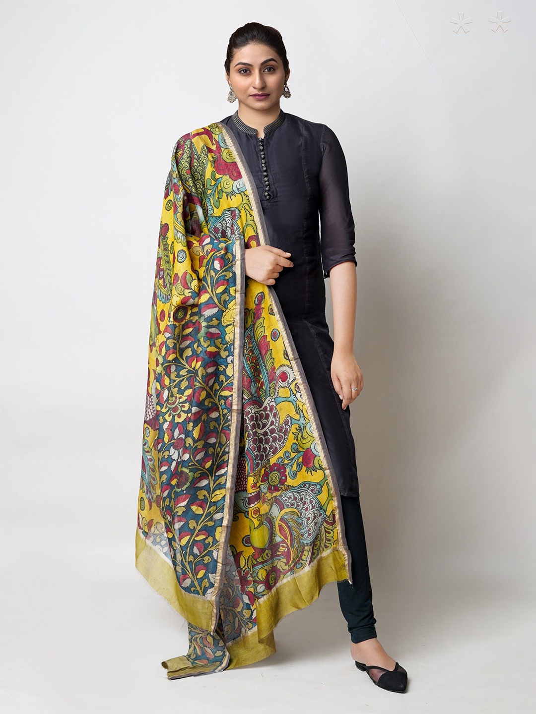 

Unnati Silks Floral Printed Zari Chanderi Cotton Silk Dupatta, Yellow