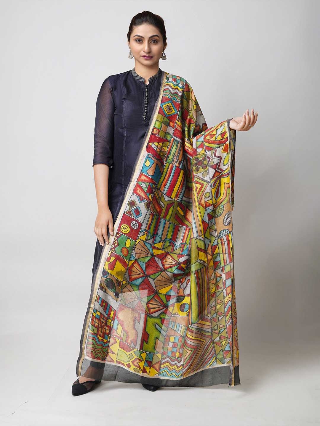 

Unnati Silks Geometric Printed Zari Chanderi Cotton Silk Dupatta, Red