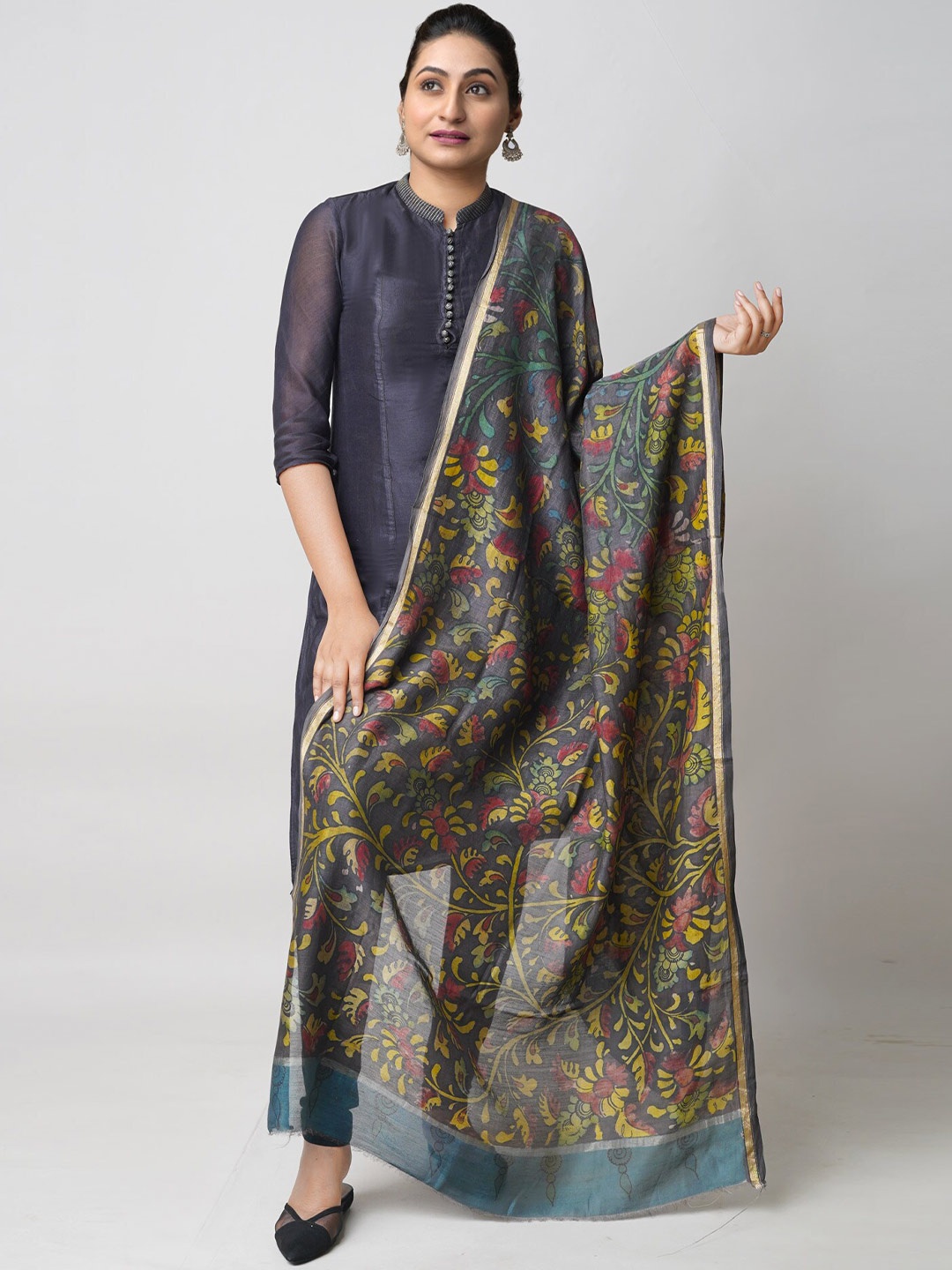 

Unnati Silks Floral Printed Zari Chanderi Cotton Silk Dupatta, Brown
