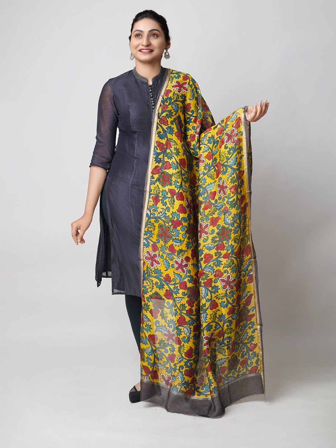 

Unnati Silks Floral Printed Zari Chanderi Cotton Silk Dupatta, Yellow