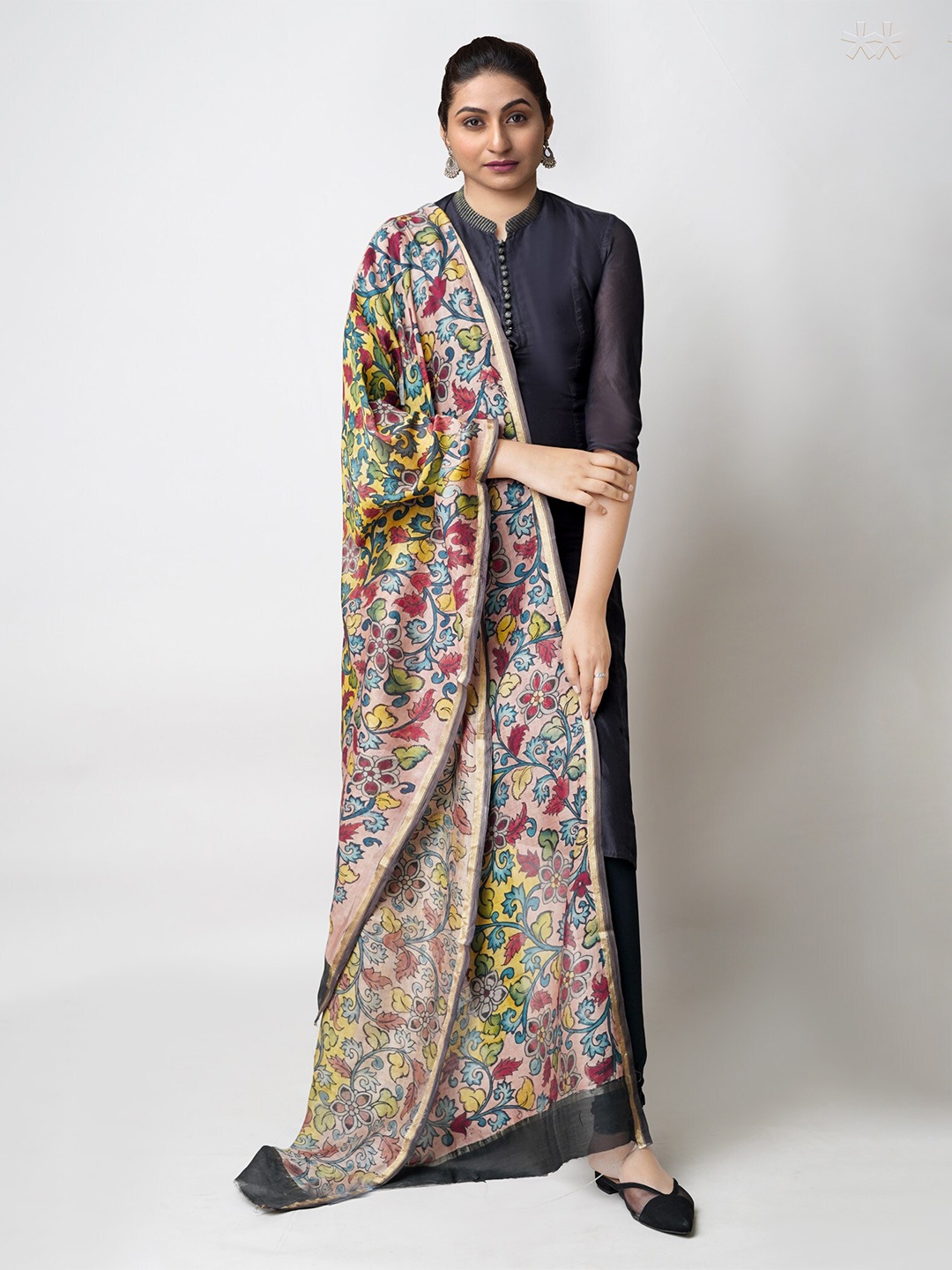 

Unnati Silks Floral Printed Zari Chanderi Cotton Silk Dupatta, Peach