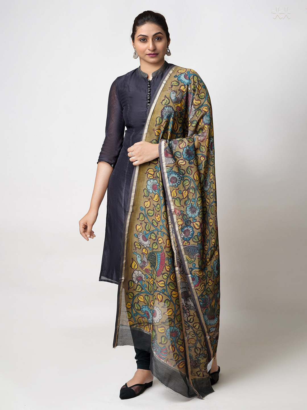 

Unnati Silks Ethnic Motifs Printed Zari Chanderi Cotton Silk Dupatta, Olive
