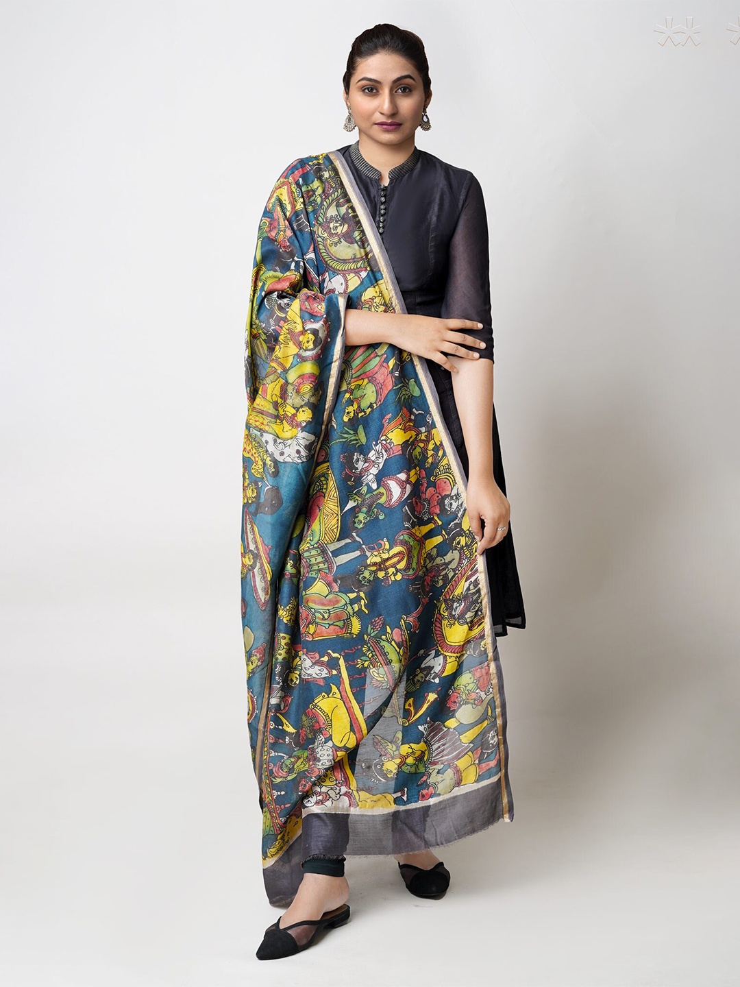 

Unnati Silks Ethnic Motifs Printed Zari Kalamkari Dupatta, Blue