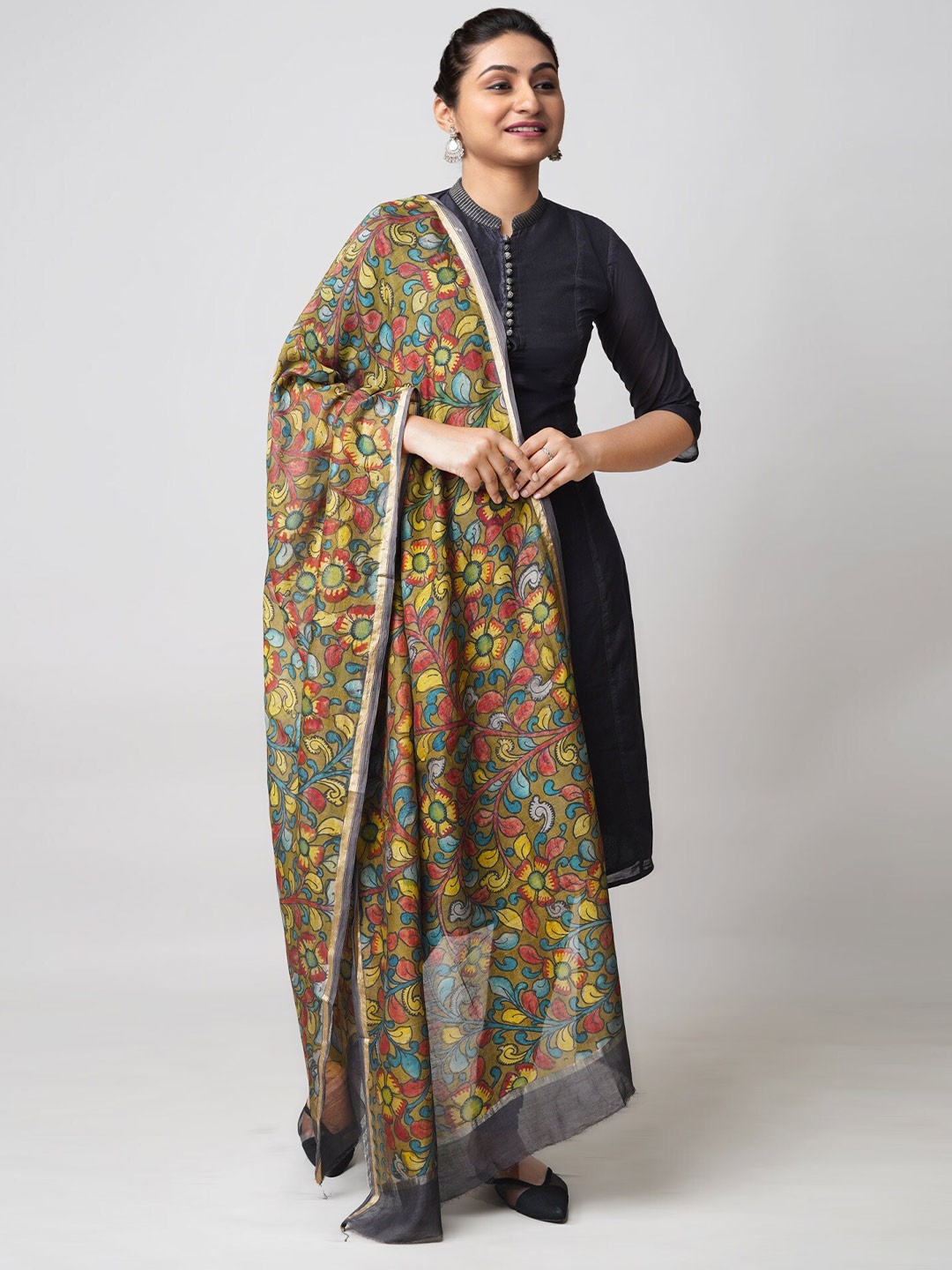 

Unnati Silks Floral Printed Zari Chanderi Cotton Silk Dupatta, Olive