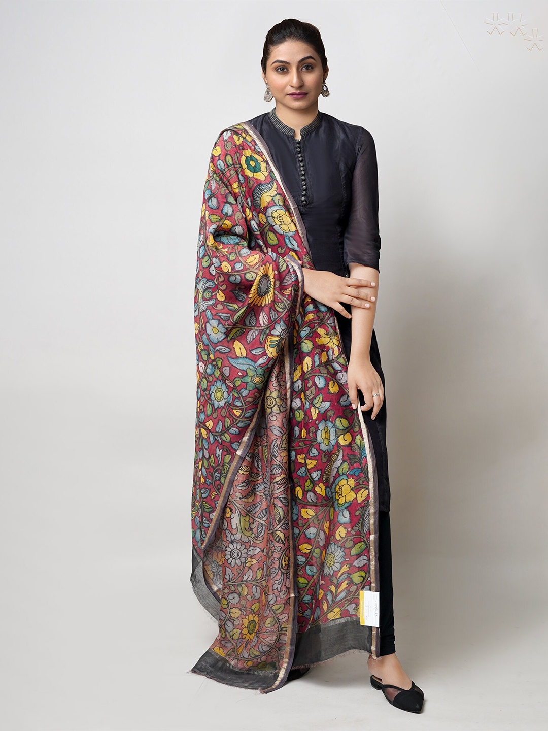 

Unnati Silks Floral Printed Zari Chanderi Cotton Silk Dupatta, Red