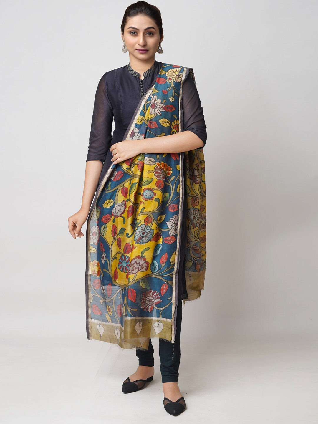 

Unnati Silks Floral Printed Zari Chanderi Cotton Silk Dupatta, Yellow