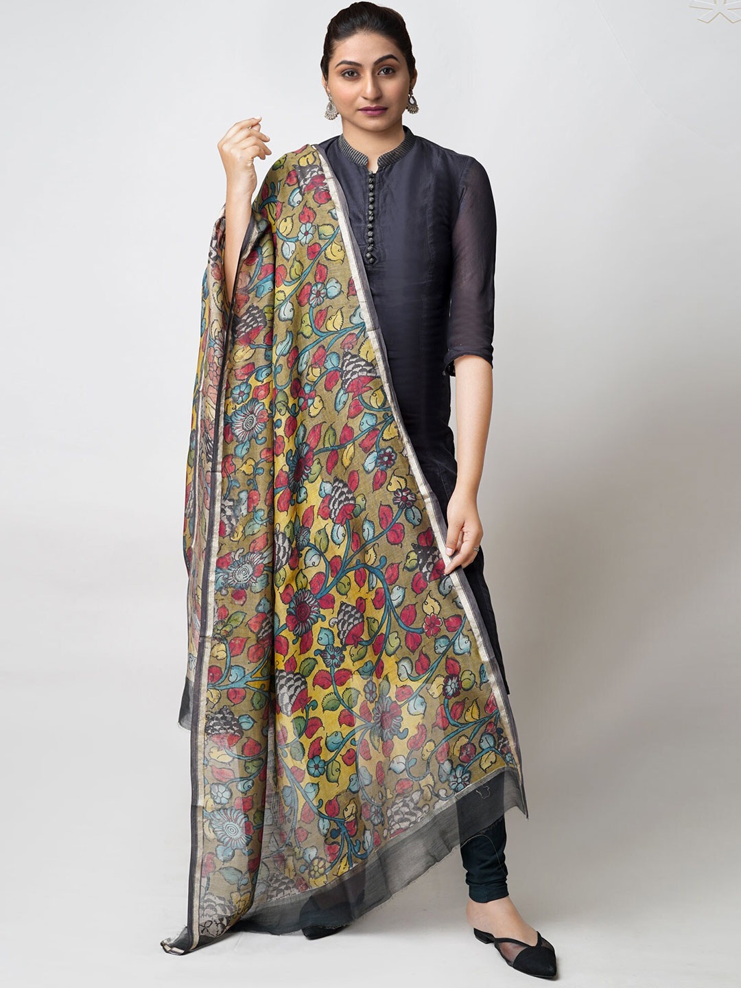 

Unnati Silks Floral Printed Zari Chanderi Cotton Silk Dupatta, Yellow