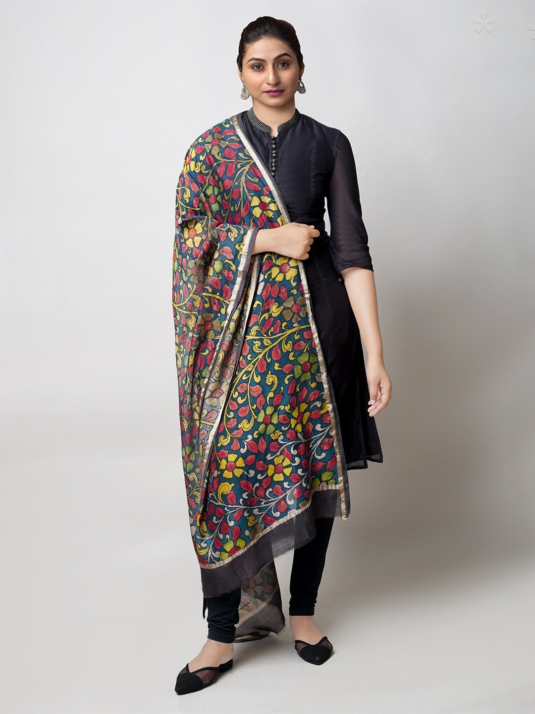 

Unnati Silks Floral Printed Zari Chanderi Cotton Silk Dupatta, Blue