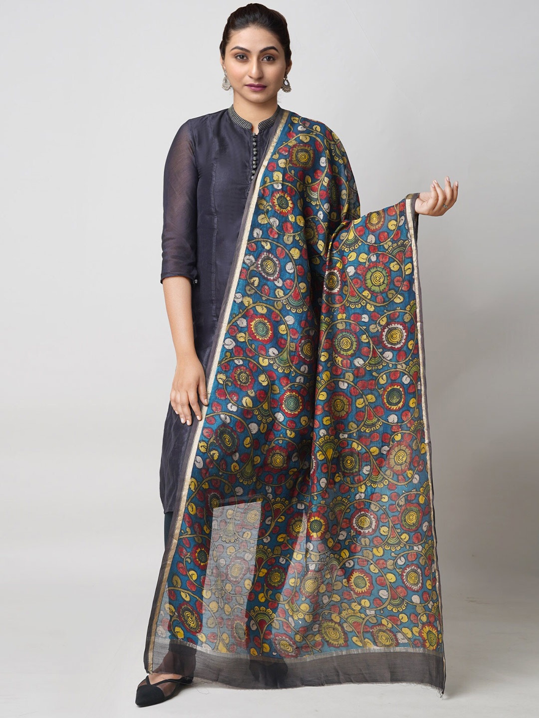 

Unnati Silks Floral Printed Zari Chanderi Cotton Silk Dupatta, Blue