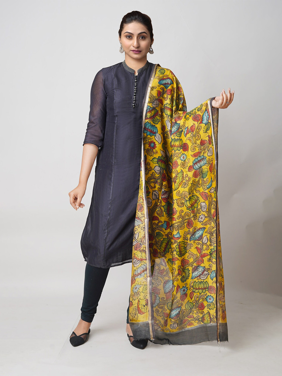 

Unnati Silks Floral Printed Zari Chanderi Cotton Silk Dupatta, Yellow