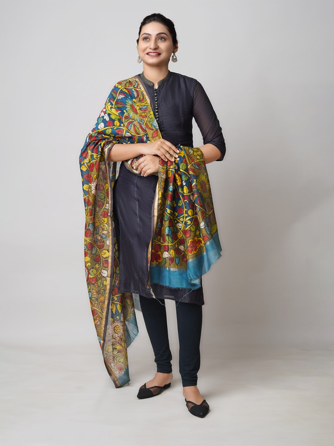 

Unnati Silks Floral Printed Zari Chanderi Cotton Silk Dupatta, Blue