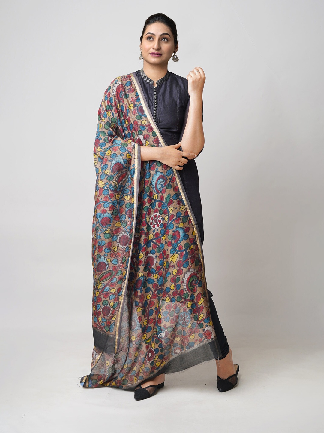 

Unnati Silks Floral Printed Zari Chanderi Cotton Silk Dupatta, Brown