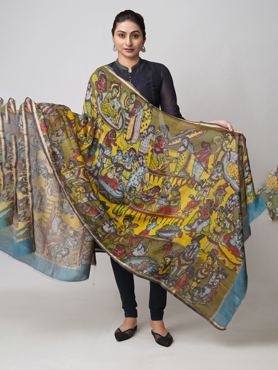 

Unnati Silks Ethnic Motifs Printed Kalamkari Dupatta, Yellow