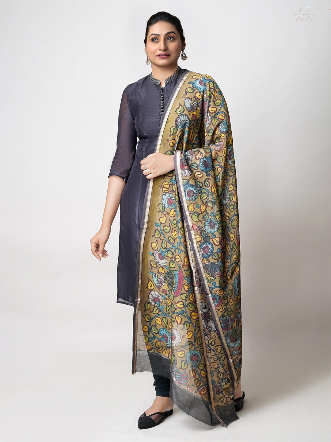 

Unnati Silks Ethnic Motifs Printed Kalamkari Dupatta, Olive