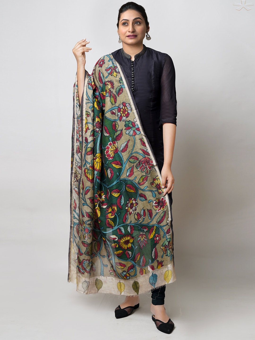 

Unnati Silks Floral Printed Zari Chanderi Cotton Silk Dupatta, Green