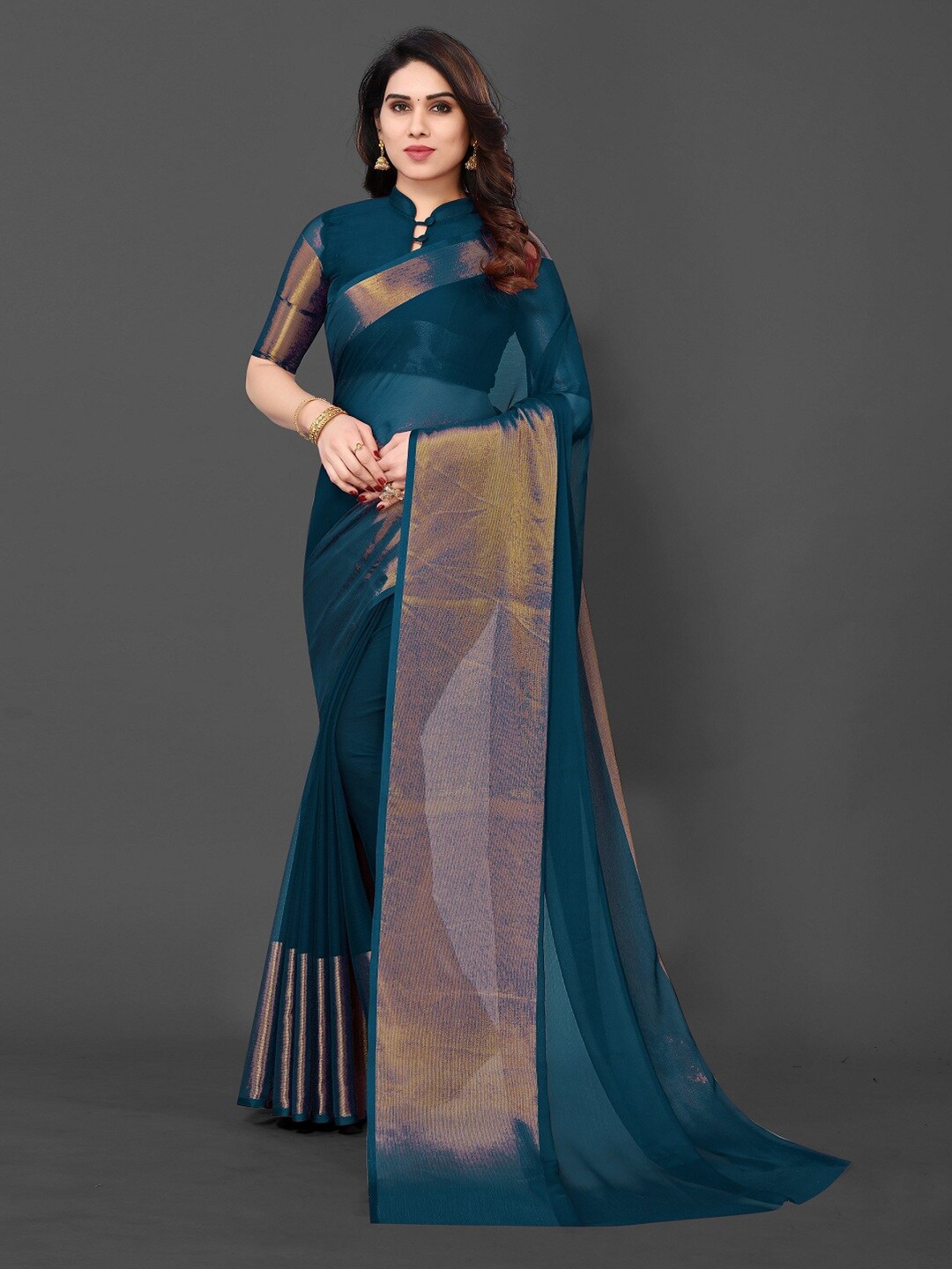 

VIVAN FAB Zari Dharmavaram Saree, Teal