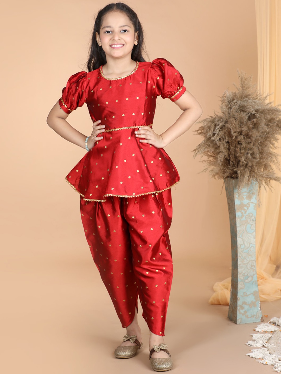 

Cutiekins Girls Ethnic Motifs Woven Design Gotta Patti A-Line Kurti with Dhoti Pant, Maroon