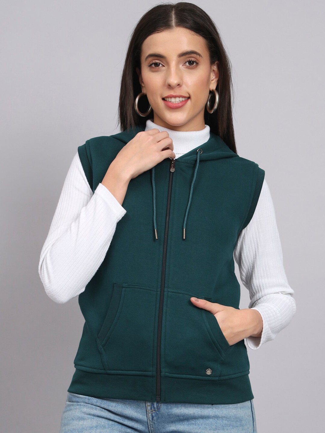 

ANTI CULTURE Hooded Fleece Front-Open Sweatshirt, Teal