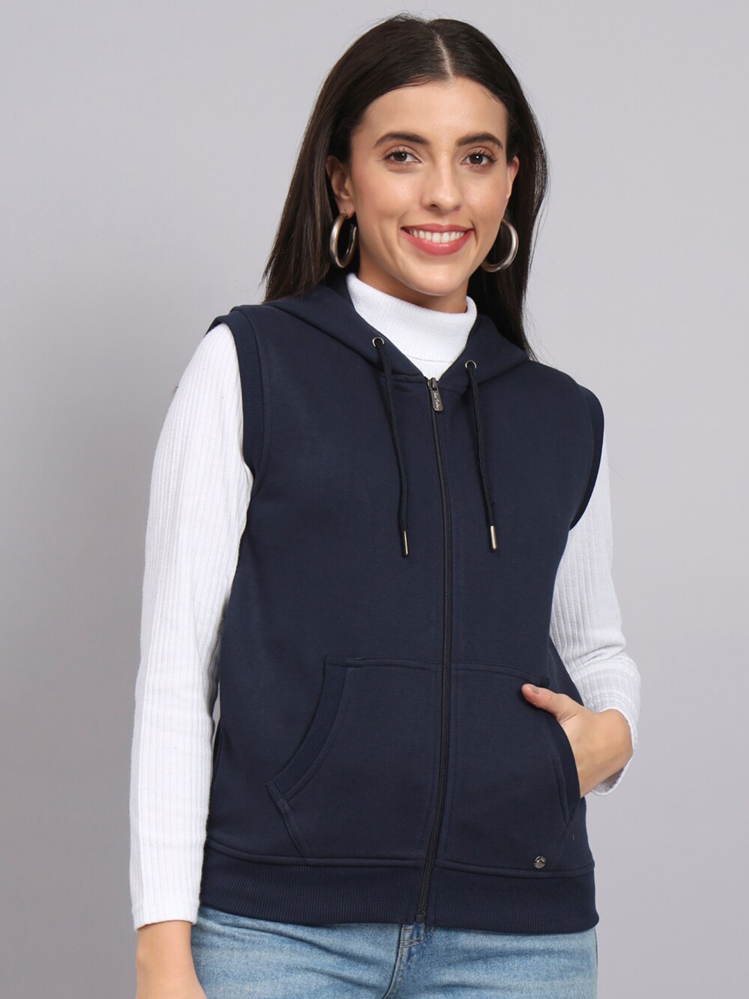 

ANTI CULTURE Hooded Fleece Front-Open Sweatshirt, Navy blue