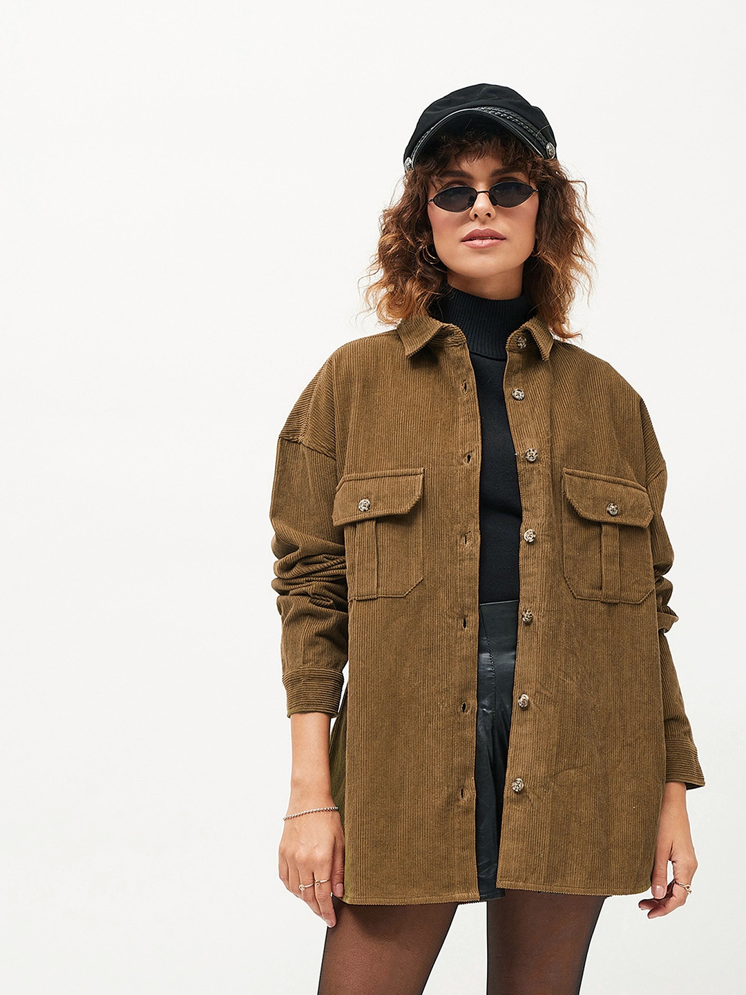 

SASSAFRAS Spread Collar Pure Cotton Oversized Shackets, Brown