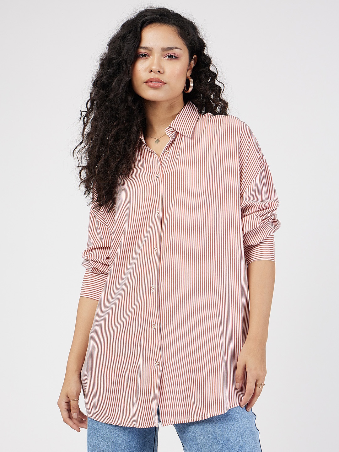 

SASSAFRAS Striped Spread Collar Oversized Casual Shirt, Red
