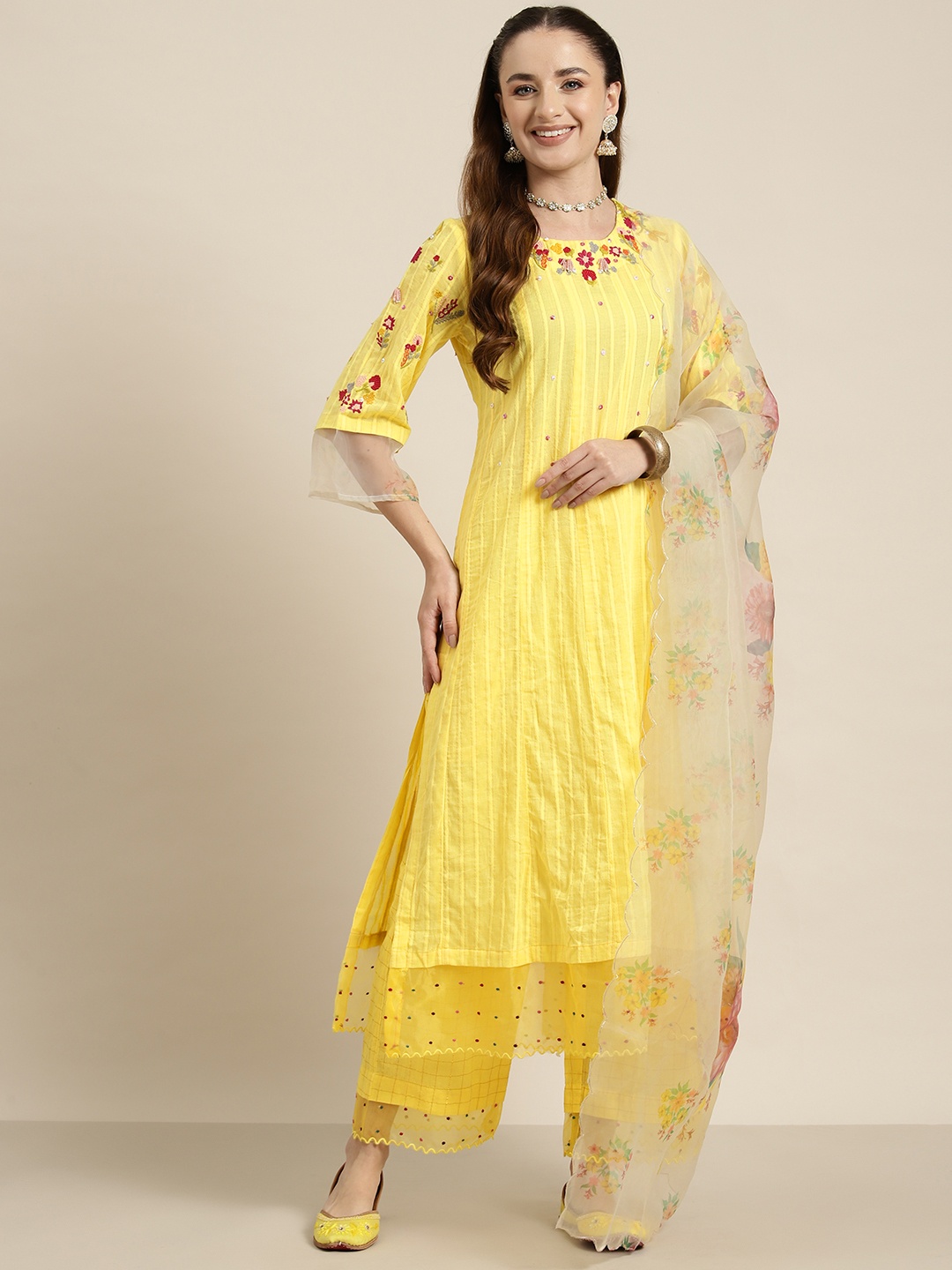 

HERE&NOW Floral Embroidered Beads and Stones Kurta with Palazzos & Dupatta, Yellow