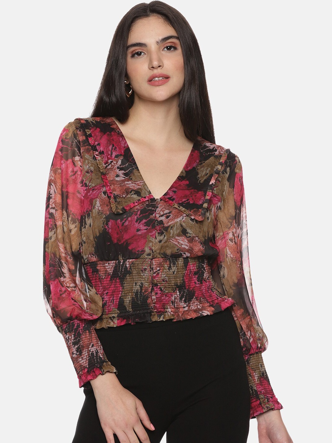 

ISU Abstract Printed Cuffed Sleeves V-Neck Smocked Chiffon Crop Top, Black