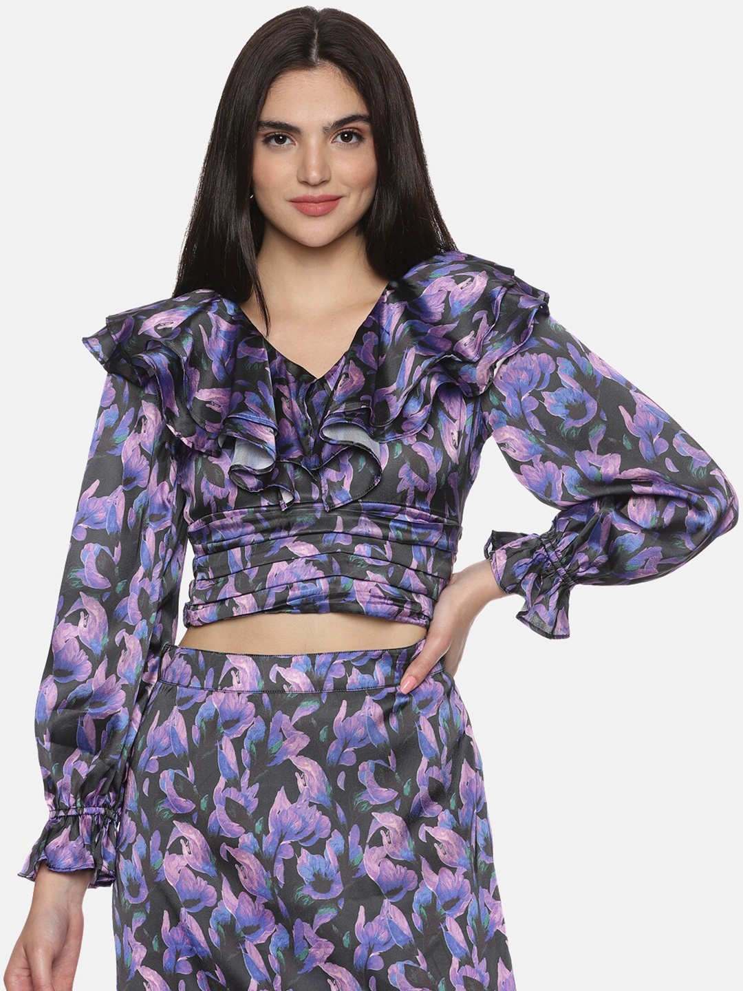

ISU Floral Printed V-Neck Cuffed Sleeve Satin Crop Top, Purple