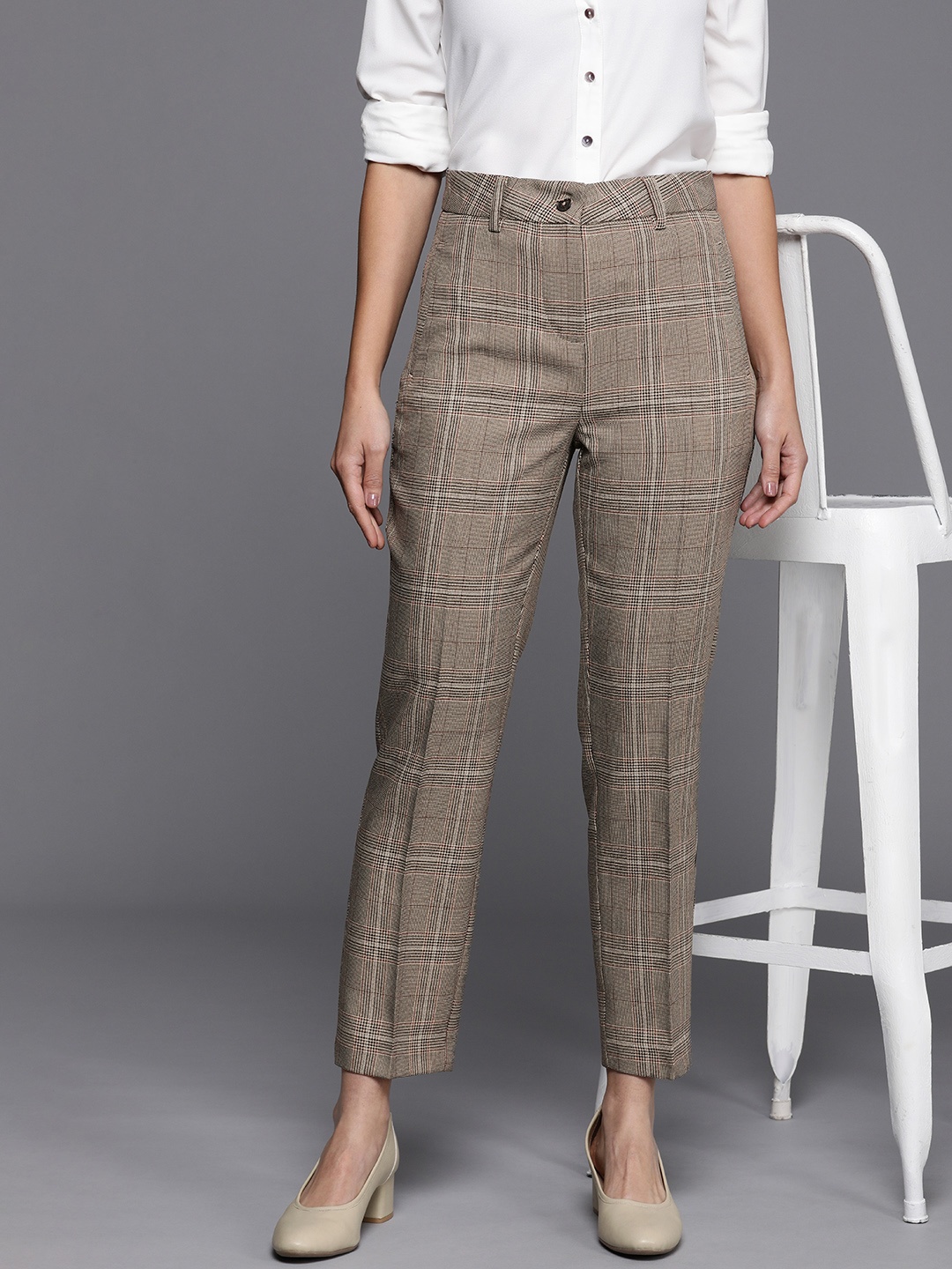 

NEXT Women Checked Trousers, Beige