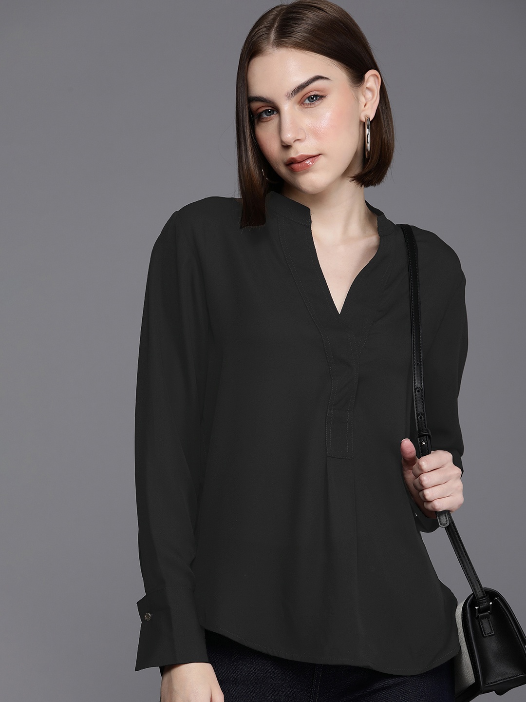 

NEXT Solid Mandarin Collar Longline Top, Black