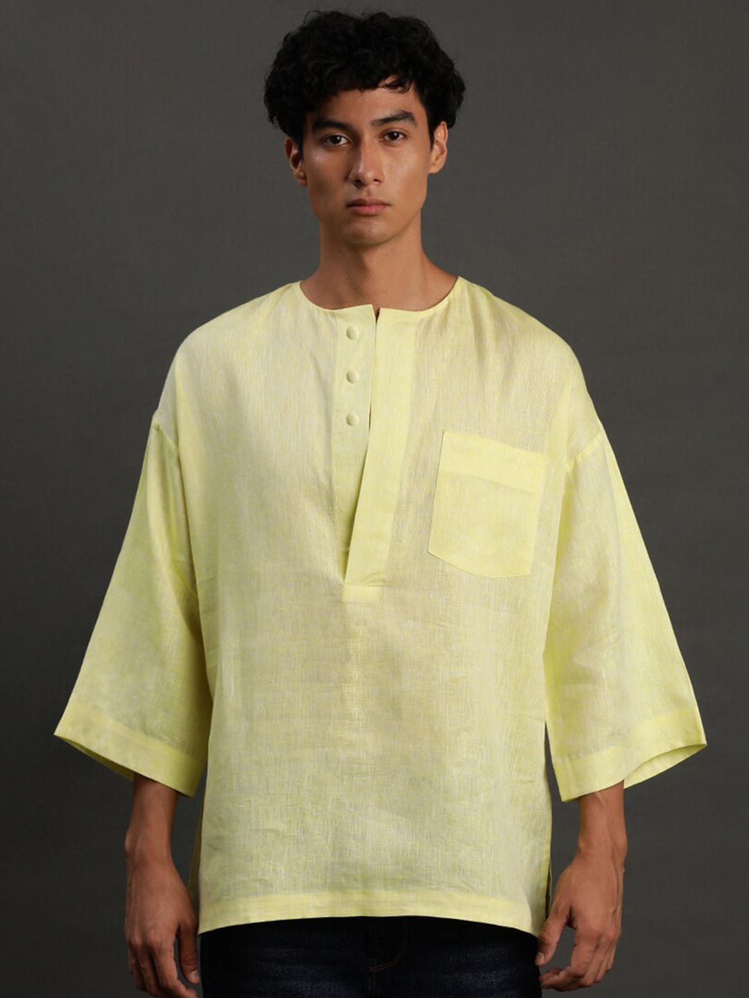 

BYB PREMIUM Round Neck Flared Sleeves Straight Short Linen Kurta, Yellow