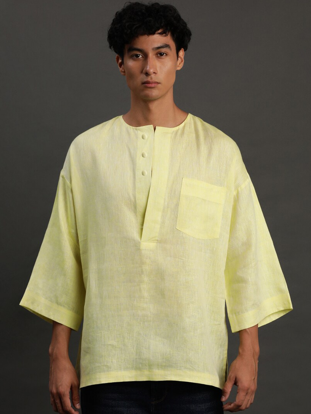 

BYB PREMIUM Round Neck Flared Sleeves Straight Short Linen Kurta, Green
